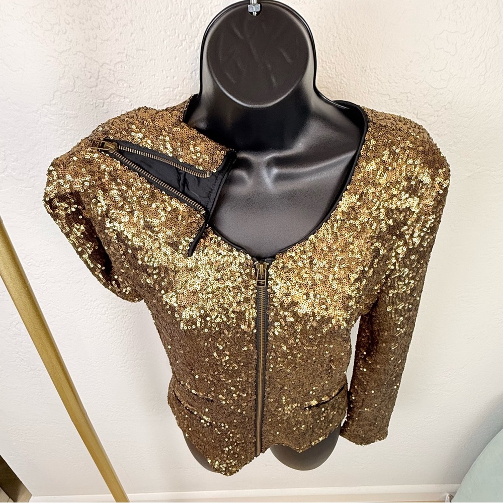VINTAGE W118 by Walter Baker Gold/Bronze Sequin Zip Moto Jacket Size S Pristine - Picture 7 of 13